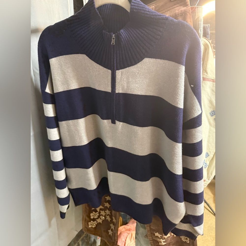 Maeve Anthropologie The Montana Striped Mock-Neck Half-Zip Sweater- Navy/White - Picture 2 of 5